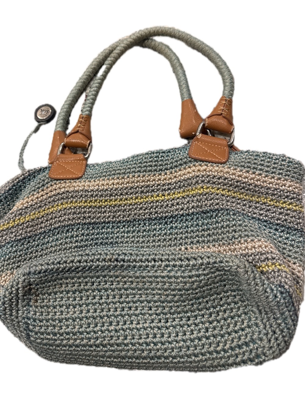Woven Straw-Style Tote Bag with Tan Trim - Multi Green Stripes